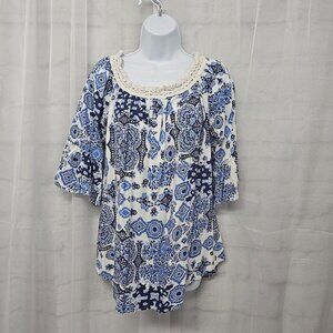 One World Blouse Blue White Peasant Boho Crochet Hippie Festival 1X